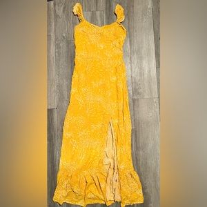 Yellow maxi long dress, yellow with tiny white poke a dots, size XS